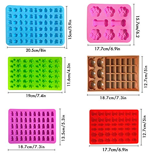 6 Pcs Molde de Silicona, Moldes para Caramelo y Osos Gominola,con 4 cuentagotas para chocolate, gelatina, dulces, cubitos de hielo, oso, fruta, dinosaurio, huella de perro y hueso