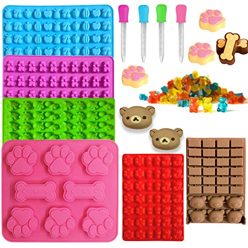 6 Pcs Molde de Silicona, Moldes para Caramelo y Osos Gominola,con 4 cuentagotas para chocolate, gelatina, dulces, cubitos de hielo, oso, fruta, dinosaurio, huella de perro y hueso