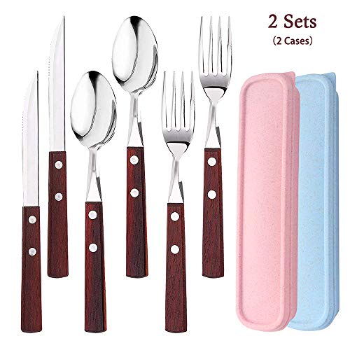 6 Piezas Utensilios Portátiles con 2 Cajas, AUHOTA Prima Acero Inoxidable Juegos de Cubiertos, Reutilizable y Ecológico Cuchillo Tenedor Cuchara para Camping Llevar Picnic Oficina (Estilo B)