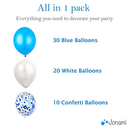 60 Globos Azul Blanco y Globos de Confeti Confetti Balloon. 50 Globos en Latex + 10 Transparente con Confeti para Fiesta de Cumpleaños y Bautizo