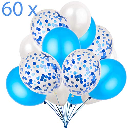 60 Globos Azul Blanco y Globos de Confeti Confetti Balloon. 50 Globos en Latex + 10 Transparente con Confeti para Fiesta de Cumpleaños y Bautizo