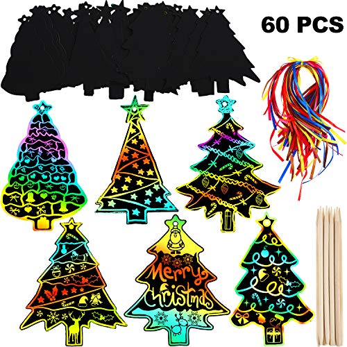 60 Piezas de Papel de Rascar de Árbol Navidad Adornos Colgantes de Navidad Etiquetas de Regalo DIY con 60 Piezas Cintas y 10 Piezas de Lápices de Madera para Manualidad de Navidad Decoración de Arte