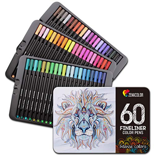 60 rotuladores punta fina Zenacolor - 60 colores únicos - Bolígrafo fineliner 0,4 mm - Tinta base agua - Perfectos para colorear (adultos), dibujar, manga, caligrafía o trabajos que requieran preción.