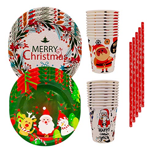 60 Vajilla Desechable de Navidad Para Banda 20 Platos de Papel 20 Vasos de Papel 20 Pajitas Para Fiestas de Cumpleaños y Bodas Para 20 Personas