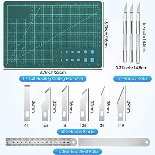 65 Piezas Set de Cuchillos Artesanales, Incluye 3 Piezas de Cuchillo Hobby Cuchillos de Talla Cuchillo de Precisión Cuchillo de Plantilla 60 Piezas Cuchillas Base de Corte Regla de Acero Inoxidable