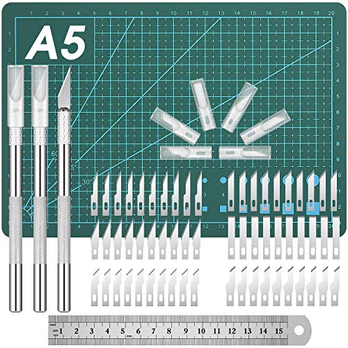 65 Piezas Set de Cuchillos Artesanales, Incluye 3 Piezas de Cuchillo Hobby Cuchillos de Talla Cuchillo de Precisión Cuchillo de Plantilla 60 Piezas Cuchillas Base de Corte Regla de Acero Inoxidable