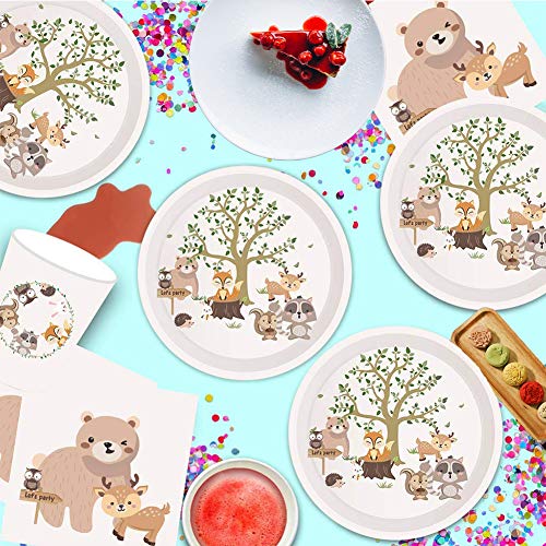 69pcs animales del bosque vajilla vajilla platos de papel servilletas vasos desechables cenas postres platos postres postres de papel para suministros de fiesta de cumpleaños bodas aniversarios