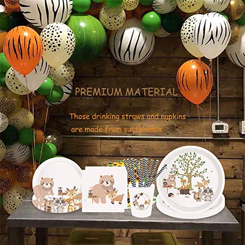 69pcs animales del bosque vajilla vajilla platos de papel servilletas vasos desechables cenas postres platos postres postres de papel para suministros de fiesta de cumpleaños bodas aniversarios