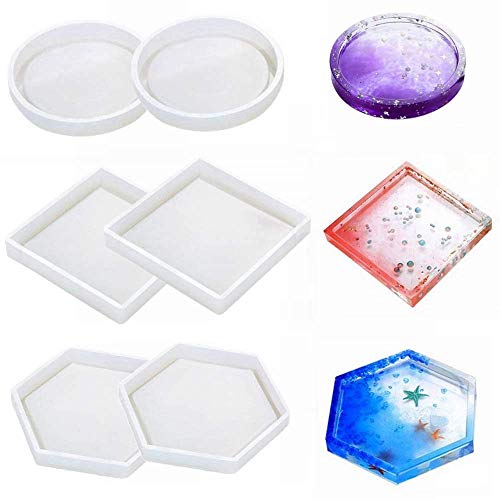 6Pcs Grande Moldes Resina Silicona para Fabricación de Joyería Fundición Resina Epoxi Manualidades Kit para Joyería, Concreto, DIY Posavasos, Cenicero, Portavelas, Jabonera - Redondo Cuadrado Hexágono