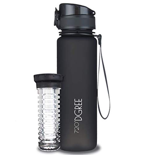 720°DGREE Botella de Agua uberBottle – 500ml, 500 ml, 0.5l, Negro | Novedosa Botella Deportiva | Sin BPA | Ideal para niños, Fitness, Deportes, fútbol, guardería, Escuela, pequeños, antigoteo