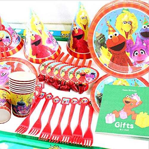 74pcs Plaza Sésamo Party Supplies Decoraciones de Vajilla para Fiestas de Cumpleaños para Niños,Contiene Tazas, Platos, Pajitas, Papel, Cuchillos, Tenedores, Manteles, Jalar Banderas-10 Invitados