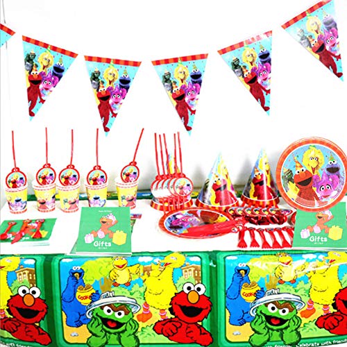 74pcs Plaza Sésamo Party Supplies Decoraciones de Vajilla para Fiestas de Cumpleaños para Niños,Contiene Tazas, Platos, Pajitas, Papel, Cuchillos, Tenedores, Manteles, Jalar Banderas-10 Invitados