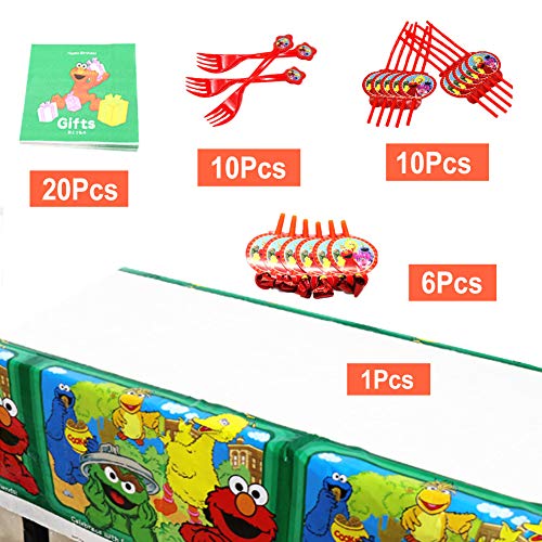 74pcs Plaza Sésamo Party Supplies Decoraciones de Vajilla para Fiestas de Cumpleaños para Niños,Contiene Tazas, Platos, Pajitas, Papel, Cuchillos, Tenedores, Manteles, Jalar Banderas-10 Invitados