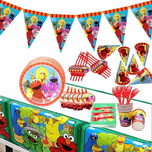 74pcs Plaza Sésamo Party Supplies Decoraciones de Vajilla para Fiestas de Cumpleaños para Niños,Contiene Tazas, Platos, Pajitas, Papel, Cuchillos, Tenedores, Manteles, Jalar Banderas-10 Invitados