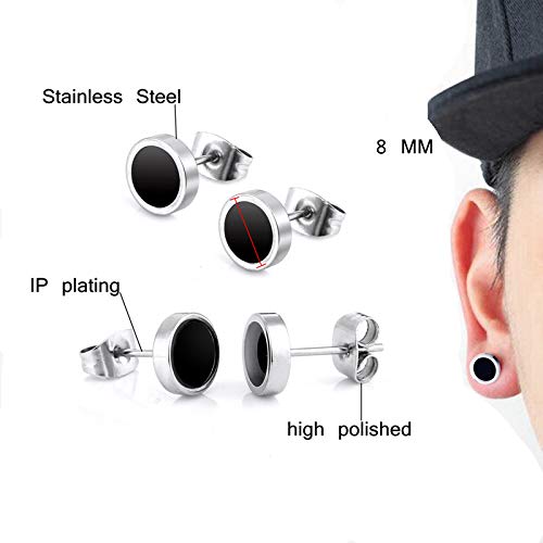 8 Pares de Pendientes de Acero Inoxidable para Hombres, 8 mm de Acero Inoxidable Clip Pendientes de Esmalte Piercing Ear Bisel Redondo Cool Stud Pendientes de perforación para Hombres,