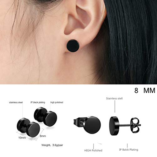 8 Pares de Pendientes de Acero Inoxidable para Hombres, 8 mm de Acero Inoxidable Clip Pendientes de Esmalte Piercing Ear Bisel Redondo Cool Stud Pendientes de perforación para Hombres,