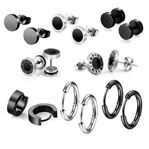 8 Pares de Pendientes de Acero Inoxidable para Hombres, 8 mm de Acero Inoxidable Clip Pendientes de Esmalte Piercing Ear Bisel Redondo Cool Stud Pendientes de perforación para Hombres,