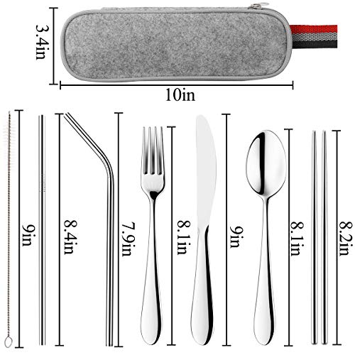 8 Pcs Cubiertos Portátiles, Juego de Cubiertos Acero Inoxidable,Cubertería de Cámping,Cubiertos De Viaje, Incluye Cuchillo, Tenedor, Cuchara, Palillos, Cepillo de Limpieza, Pajitas y Bolsa De Tela