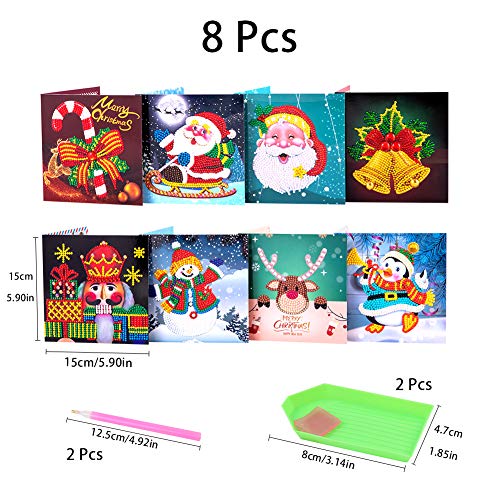 8 Piezas de Tarjetas de Navidad con Pintura de Diamante 5D, tarjetas de felicitación navideñas, creativas, de Santa Claus, Muñeco de Nieve, Reno, Tarjetas de Felicitación Navideñas