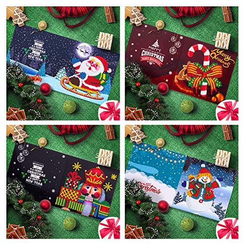 8 Piezas de Tarjetas de Navidad con Pintura de Diamante 5D, tarjetas de felicitación navideñas, creativas, de Santa Claus, Muñeco de Nieve, Reno, Tarjetas de Felicitación Navideñas