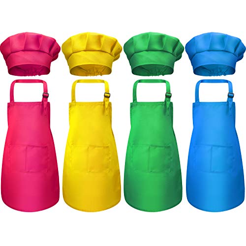 8 Piezas Delantal para Niños y Conjunto de Gorro de Cocinero Delantales Ajustables de Algodón para Niños con 2 Bolsillos Delantal de Cocina para Cocinar Cocinar Ropa (Color 2, Medio)