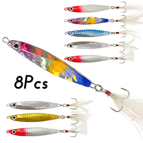 8 Piezas Jig de Señuelos de Pesca en Cucharas de Metal con Pluma para Trucha 23g-31g