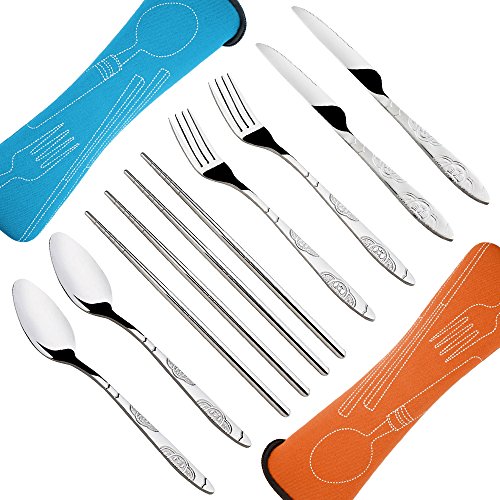 8 piezas Mostrada Conjuntos De Cuchillo, Tenedor, Cuchara, Palillos, SENHAI 2 Pack de vajilla con estuche e para viajar Camping Picnic Excursionismo (Naranja, Azul Claro)