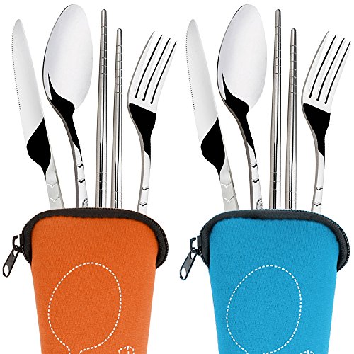 8 piezas Mostrada Conjuntos De Cuchillo, Tenedor, Cuchara, Palillos, SENHAI 2 Pack de vajilla con estuche e para viajar Camping Picnic Excursionismo (Naranja, Azul Claro)