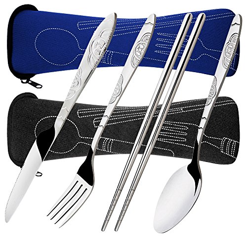 8 piezas Mostrada Conjuntos De Cuchillo, Tenedor, Cuchara, Palillos, SENHAI 2 Pack de vajilla con estuche e para viajar Picnic Excursionismo(azul oscuro, negro)