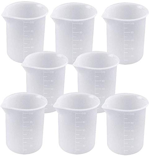 8 vasos medidores de silicona Voarge, 100 ml, vaso medidor de graduación de plástico, recipiente para líquidos, para manualidades, resina epoxi, moldes de fundición para la cocina del arte