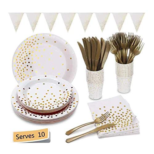 80 Piezas Juego de Vajilla Desechable,Vaso de Papel/Toalla/Bandeja de Papel/Cuchara Cruzada de Cuchillo de Plástico,Suministros para Fiestas,Decoración de Vajillas para Fiestas de Bodas(10 invitados)