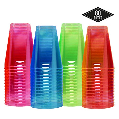 80 Vasos Desechables de Plástico Duro, Neón 210ml - Desechable o Reutilizable - 4 Colores, Durable y Resistente| Perfecto para Cumpleaños, Fiestas, Eventos y Celebraciones.