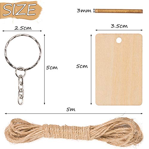 80pcs 5cm Adorno Rectángular de Madera yangbaga Etiquetas Rectangulares de Madera Agujero con Cuerda de yute de 10 m y 80pcs Anillo de Llavero Aleación Plateada para Manualidad Casa Jardín Hogar