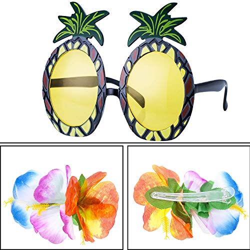 8Pcs Hawaianas Hula Grass Skirt Set Hula Falda de Hierba con Juego de Disfraces de Leis con Flor, Pasto Luau y brazaletes de Flores Hawaianas, Diadema y Collar,Gafas de Sol Forma de Piña Tropicales