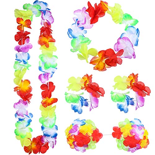 8Pcs Hawaianas Hula Grass Skirt Set Hula Falda de Hierba con Juego de Disfraces de Leis con Flor, Pasto Luau y brazaletes de Flores Hawaianas, Diadema y Collar,Gafas de Sol Forma de Piña Tropicales