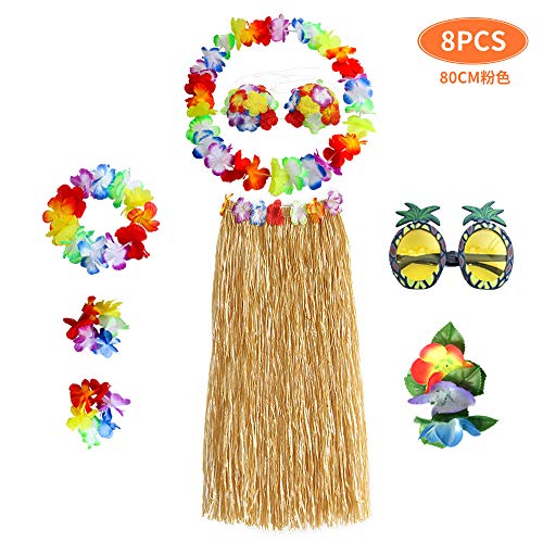 8Pcs Hawaianas Hula Grass Skirt Set Hula Falda de Hierba con Juego de Disfraces de Leis con Flor, Pasto Luau y brazaletes de Flores Hawaianas, Diadema y Collar,Gafas de Sol Forma de Piña Tropicales