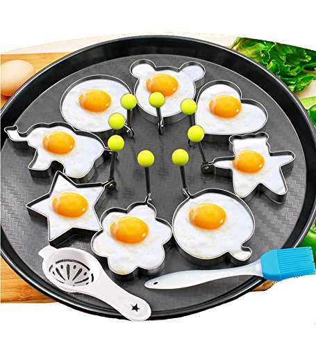 8pcs huevos fritos moldes anillos huevo diferentes formas de acero inoxidable con pincel de silicona 1pc Pastel y yema de oliva Cocina Cocina Blanco Herramientas - Juego de 10