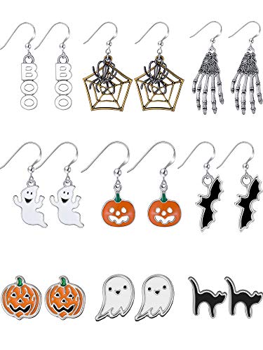 9 Pares Pedientes de Colgante de Gota de Halloween Pendientes de Gato Negro Calabaza para Mujer Halloween Disfraz