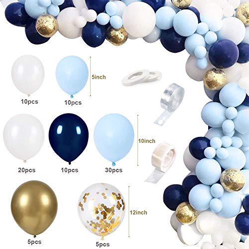 94Pcs Kit de guirnaldas con globos, APERIL Kit de arcos de globos azul blanca y dorada Confeti Lleno de globos de látex Paquete con cinta de globos para cumpleaños Decoración de banquete de boda