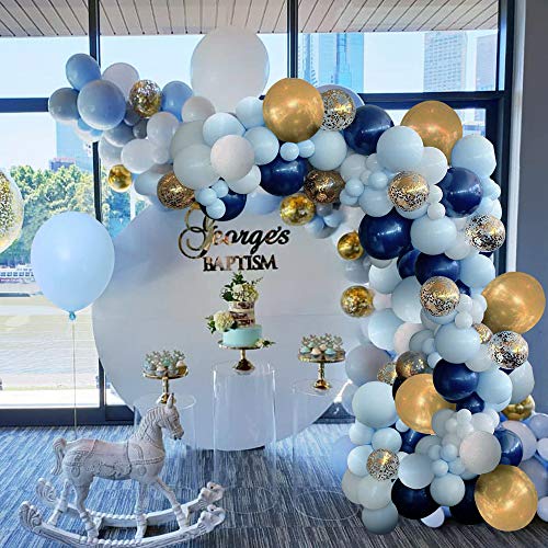 94Pcs Kit de guirnaldas con globos, APERIL Kit de arcos de globos azul blanca y dorada Confeti Lleno de globos de látex Paquete con cinta de globos para cumpleaños Decoración de banquete de boda