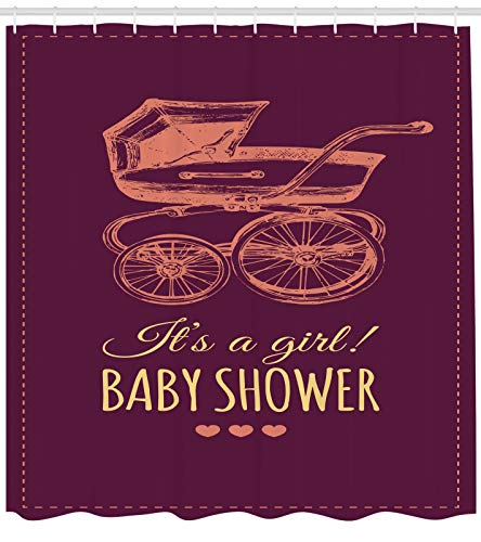 ABAKUHAUS Baby Shower Cortina de Baño, Chica Retro del Cochecito, Material Resistente al Agua Durable Estampa Digital, 175 x 220 cm, Salmon Ciruelo y Mostaza