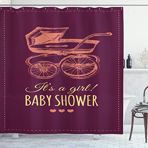 ABAKUHAUS Baby Shower Cortina de Baño, Chica Retro del Cochecito, Material Resistente al Agua Durable Estampa Digital, 175 x 220 cm, Salmon Ciruelo y Mostaza