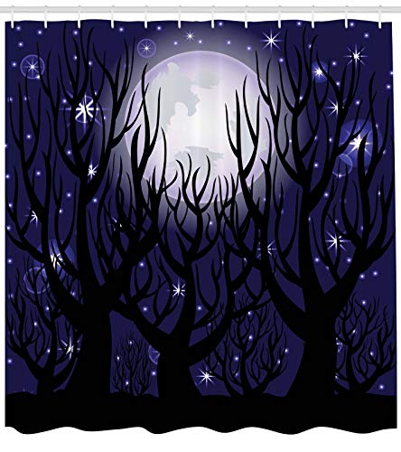 ABAKUHAUS Bosque Oscuro Cortina de Baño, En horario Nocturno Luna Radiante, Material Resistente al Agua Durable Estampa Digital, 175 x 240 cm, Añil y Gris carbón