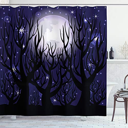 ABAKUHAUS Bosque Oscuro Cortina de Baño, En horario Nocturno Luna Radiante, Material Resistente al Agua Durable Estampa Digital, 175 x 240 cm, Añil y Gris carbón