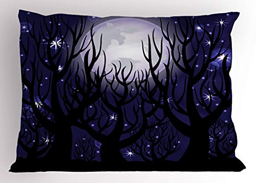 ABAKUHAUS Bosque Oscuro Funda de Almohada, En horario Nocturno Luna Radiante, Decorativa Estampada Tamaño Standard Dos Plazas, 65 X 50 cm, Añil y Gris carbón