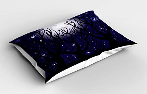 ABAKUHAUS Bosque Oscuro Funda de Almohada, En horario Nocturno Luna Radiante, Decorativa Estampada Tamaño Standard Dos Plazas, 65 X 50 cm, Añil y Gris carbón