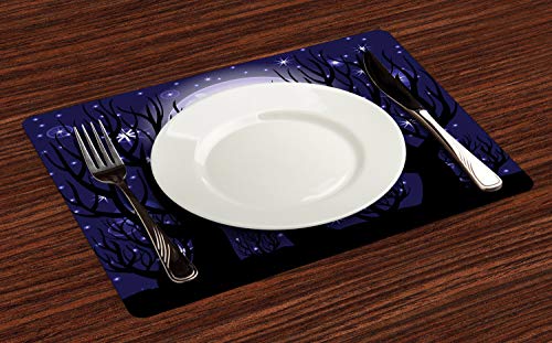 ABAKUHAUS Bosque Oscuro Salvamantel Set de 4 Unidades, En horario Nocturno Luna Radiante, Material Lavable Estampado Decoración de Mesa Cocina, Añil y Gris carbón