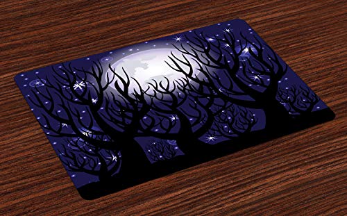 ABAKUHAUS Bosque Oscuro Salvamantel Set de 4 Unidades, En horario Nocturno Luna Radiante, Material Lavable Estampado Decoración de Mesa Cocina, Añil y Gris carbón