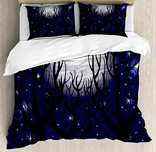 ABAKUHAUS Dunkler Wald Funda Nórdica, En horario Nocturno Luna Radiante, Estampado Lavable, 3 Piezas con 2 Fundas de Almohada, 200 cm x 200 cm, Añil y Gris carbón