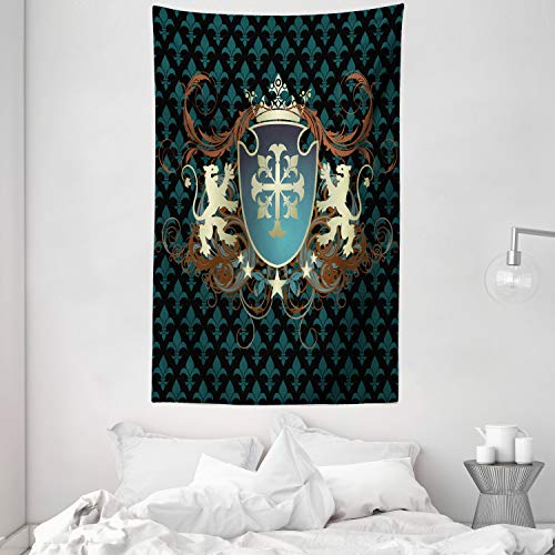 ABAKUHAUS Medieval Tapiz de Pared y Cubrecama Suave, Escudo De Armas De La Edad Media, Fácil de Lavar No Destiñe, 140 x 230 cm, Teal Negro Canela